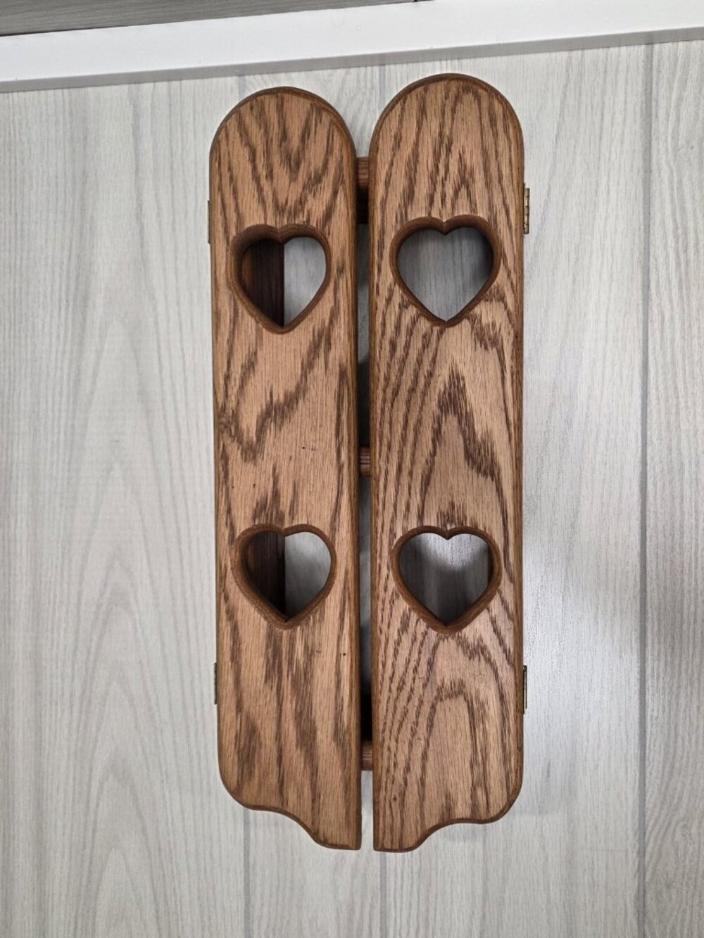 Vintage Wood 3 Level Display Shelf / Flip Open Heart Doors Hat Dowels Pegs